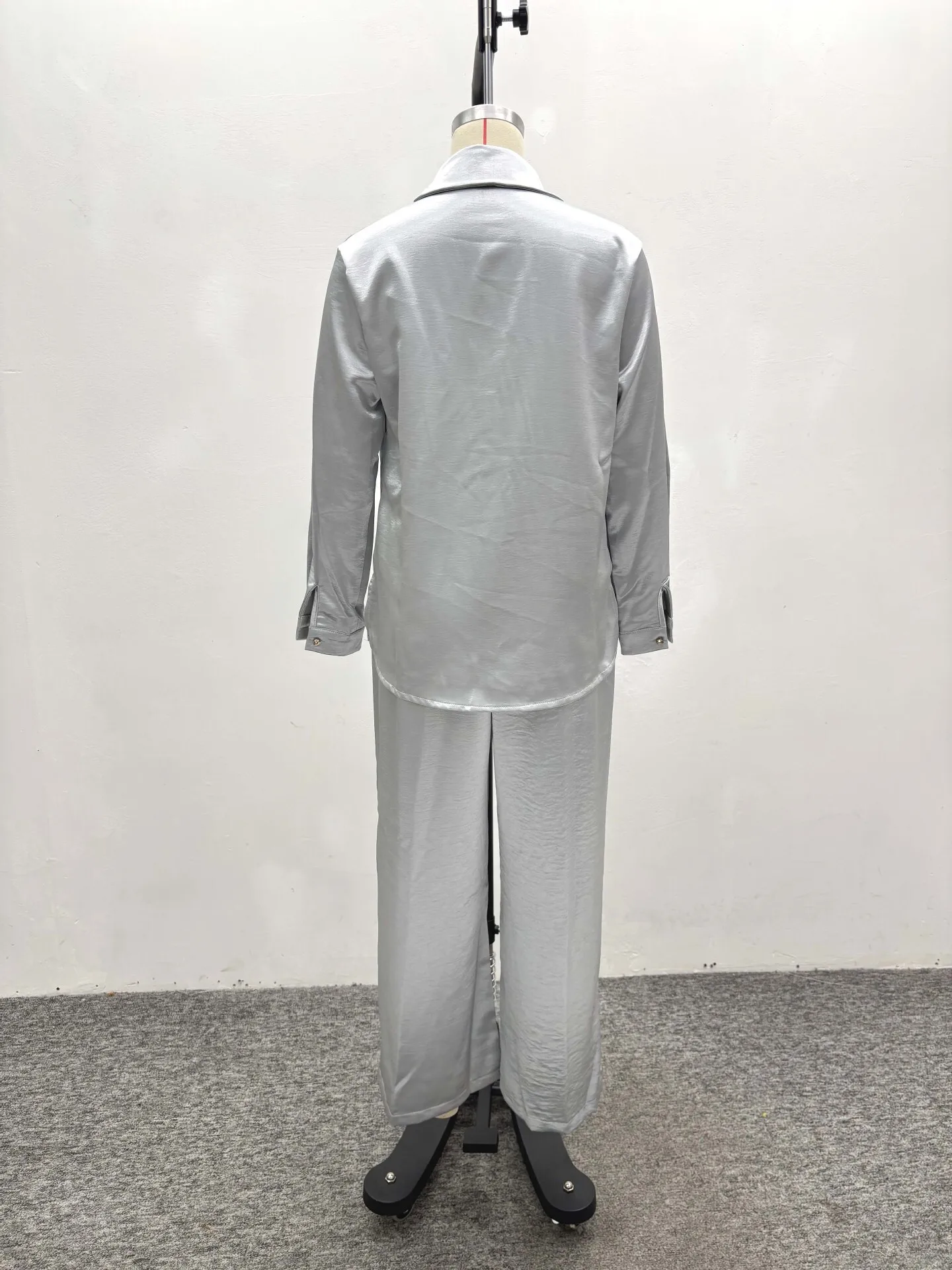 Conjunto informal de dos piezas para mujer, camisa y pantalones con cuello vuelto, manga larga, Color sólido, elegante, verano