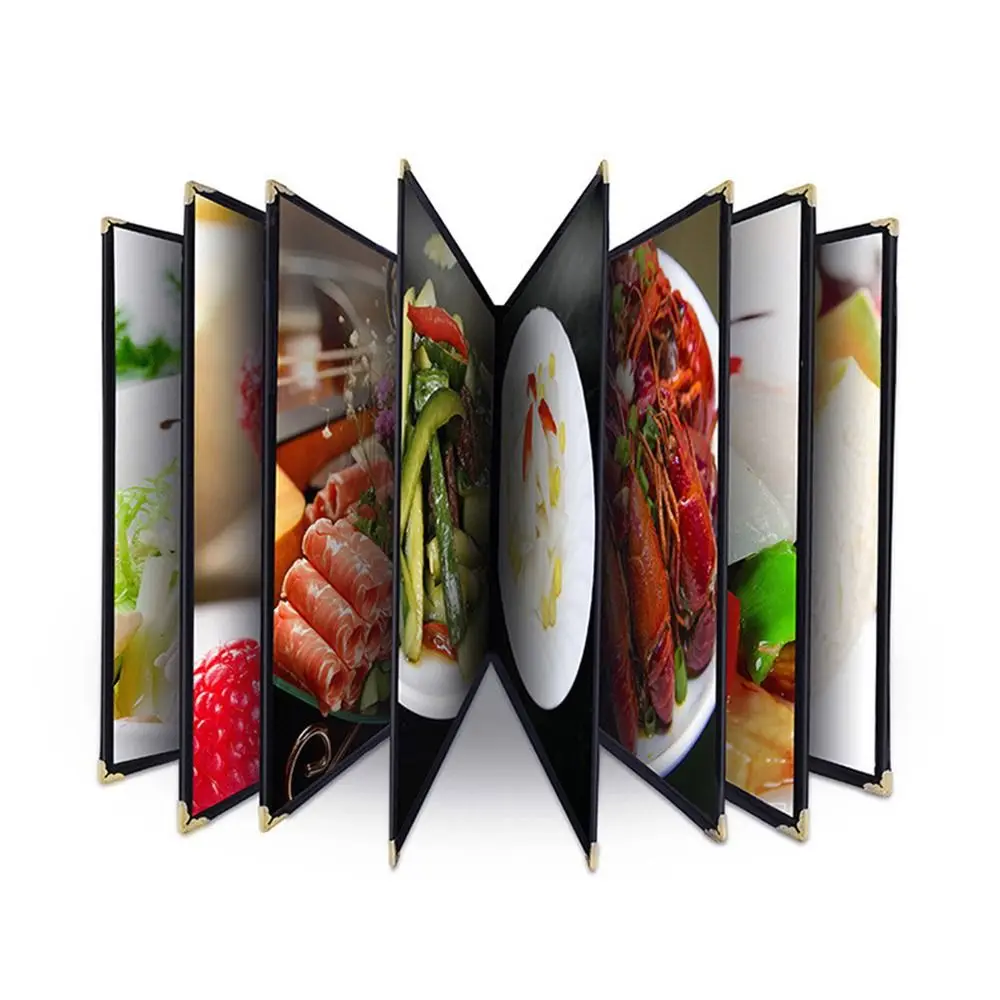 Capa de menu transparente dobrável em pvc, cantos de metal, reutilizável, suporte de papel para menu a4, vários tipos, tamanho carta, pasta de folhas soltas
