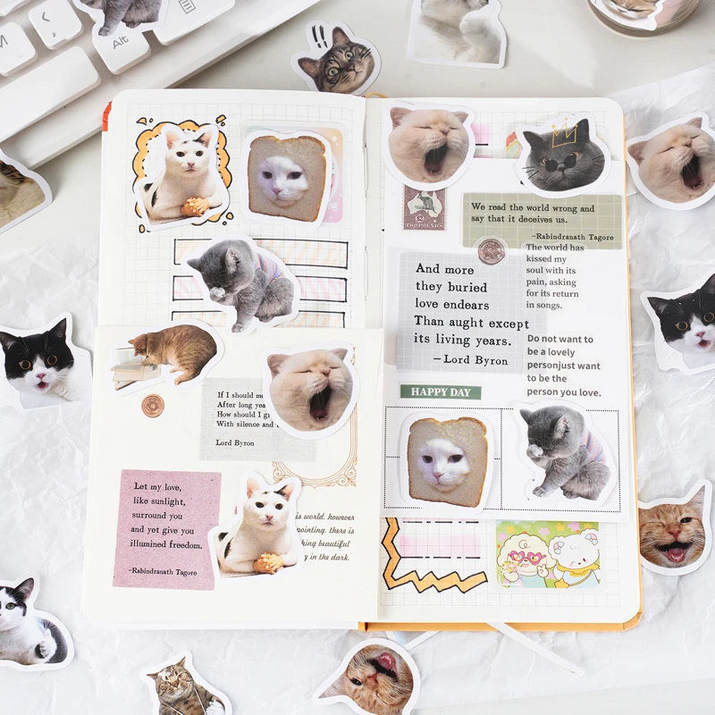 46PCS Kawaii Suprise Cat Small Sticky Sticker Aesthetic Colorful DIY Decoration Scrapbooking Stationery School Supplies for Kids