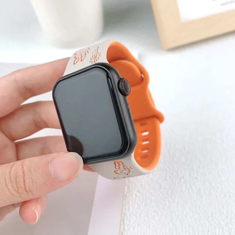 Engraved Strap For Apple Watch Band 40mm 44mm 41mm 49mm 45mm 38mm 42mm silicone bracelet For iwatch series 9 7 se 6 5 4 8 ultra