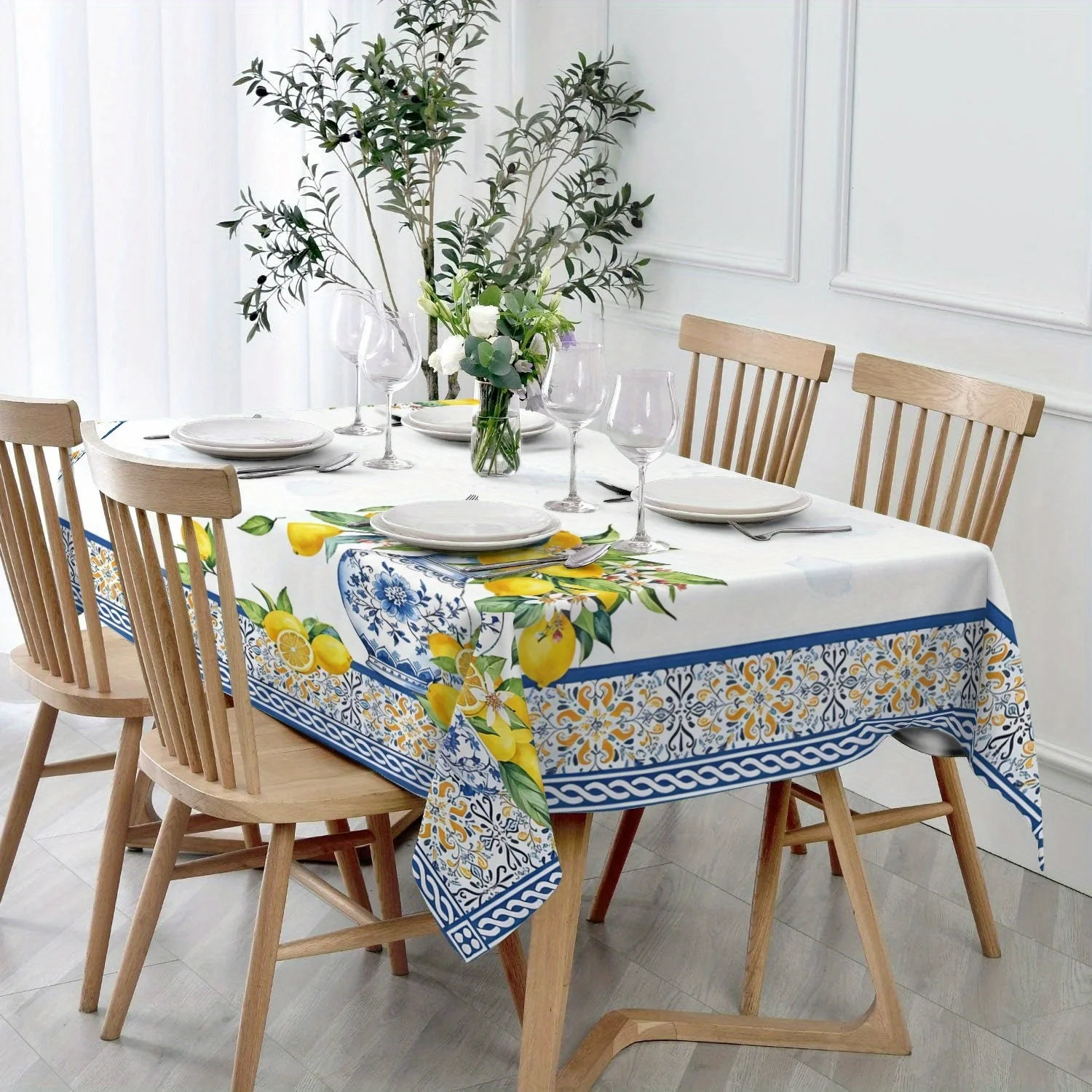 A Lemon Mediterranean Pattern Tablecloth,wedding decorations,summer decoration,garden decor for outside,outdoor decor, Suitable for Summer Use, Featuring a Fresh Fruit Design, Measuring 137.16 X 274.32cm. Made from Washable, It Is Perfect for Patio