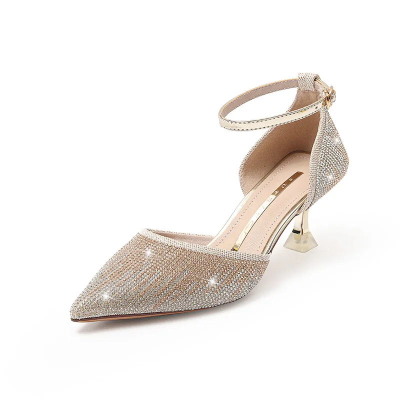 

Women Pumps Office Career Summer Sequined Cloth 6CM Thin High Heels Pointed Toe Buckle Strap Shallow Solid Woman Shoes silvery