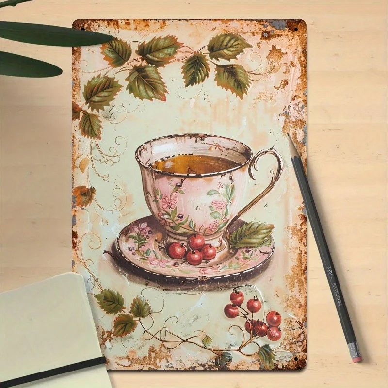 لوحة فنية جدارية معدنية لشاي التوت العتيق، 20.32 × 30.48 سم - ديكور حديد ريفي مع كوب زهور وتصميم التوت، مثالية للمطابخ، P