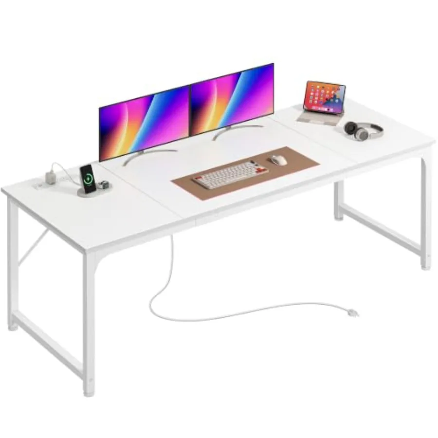 Computer desk for home office use, made of engineered wood in white finish, featuring built-in power outlets and USB-C charging