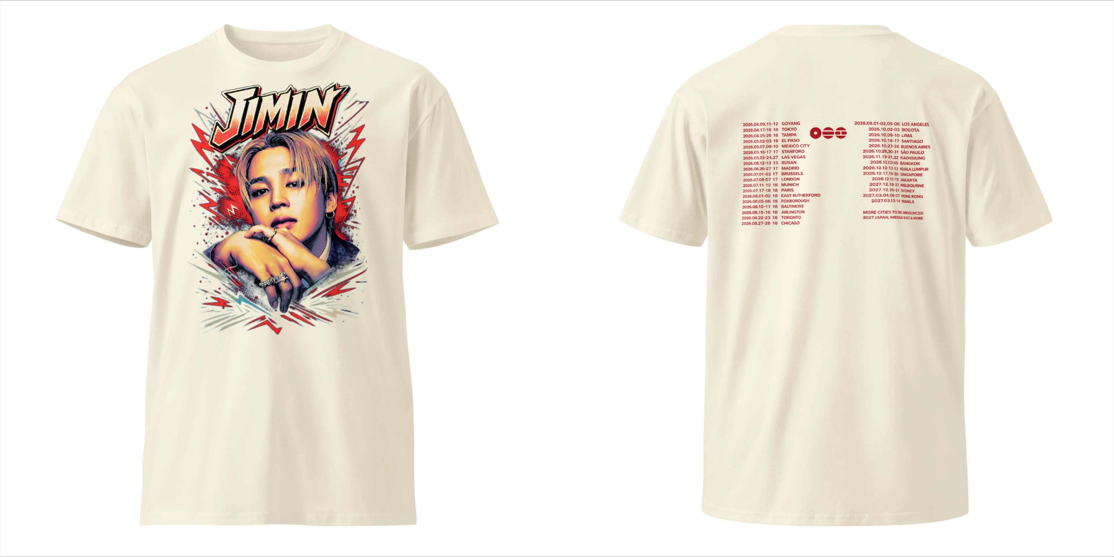 BTS Jimin Taehyung 2026 World Tour Doppelseitiges Grafik-T-Shirt mit Porträt und Tour-Städtenliste Kpop-Fans T-Shirt für Männer, Frauen und Kinder – Detail 11