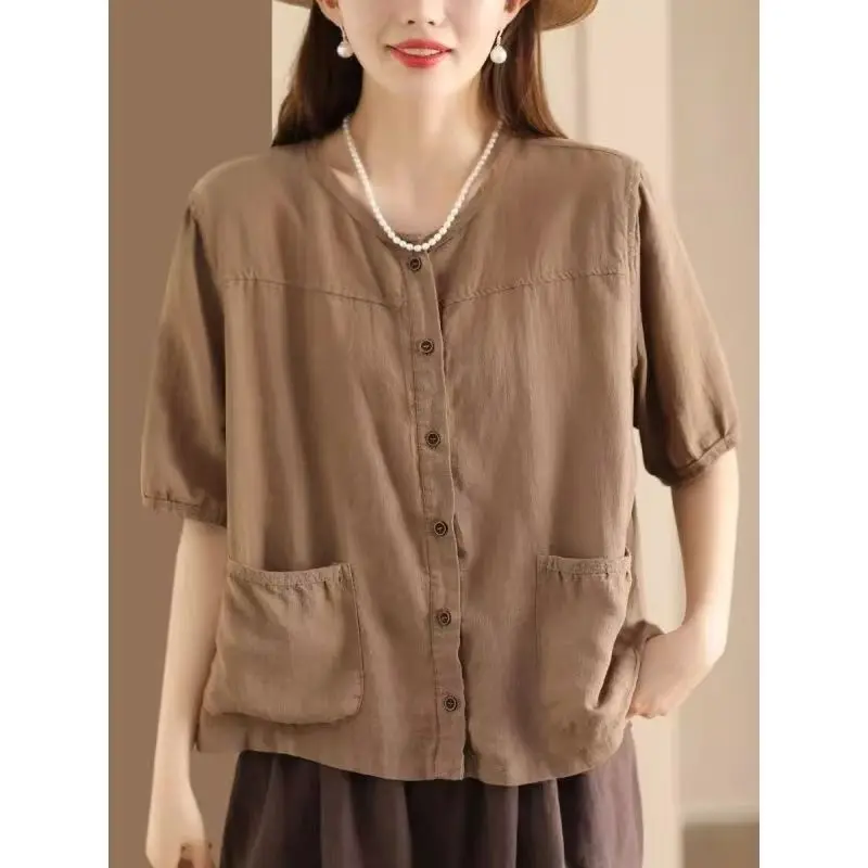 Camicia vintage in cotone e lino in cotone e lino Cardigan a maniche corte Top dimagrante versatile Capispalla elegante