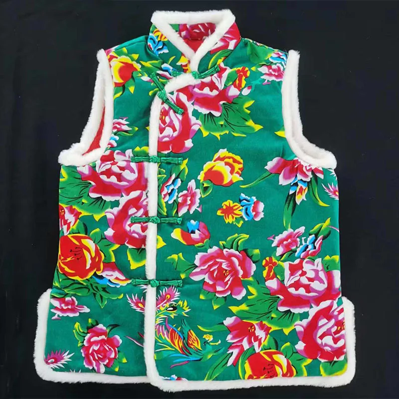 Thick Flower Female Fashion Chinese New Year Clothing Vinatge Traditional Style Ladies Tang Suit Quilted Vest Waistcoat Winter