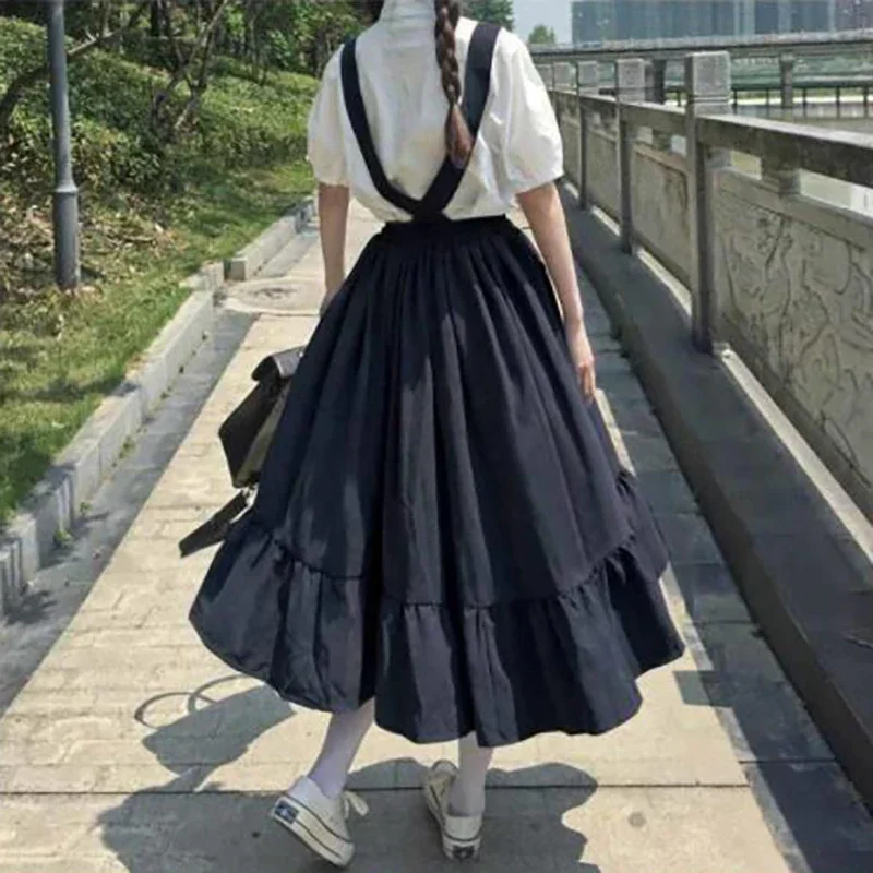 Women Sweet Strap Long Skirts Ruffles Loose Cute Student Casual Skirts Fashion Streetwear Female Suspender Skirts 2023