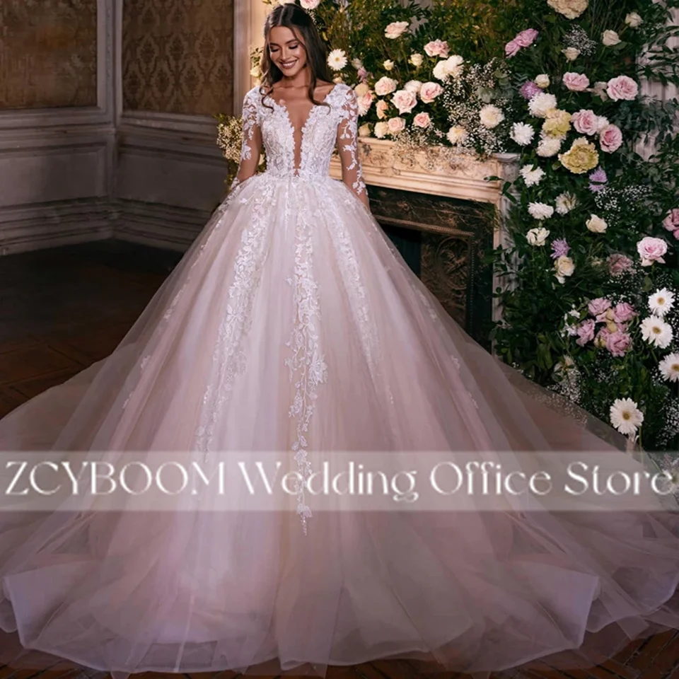 Abiti da sposa eleganti con scollo a V maniche lunghe illusione avorio 2025 Abiti da sposa con applicazioni in pizzo principessa Abiti da sposa Abiti da sposa