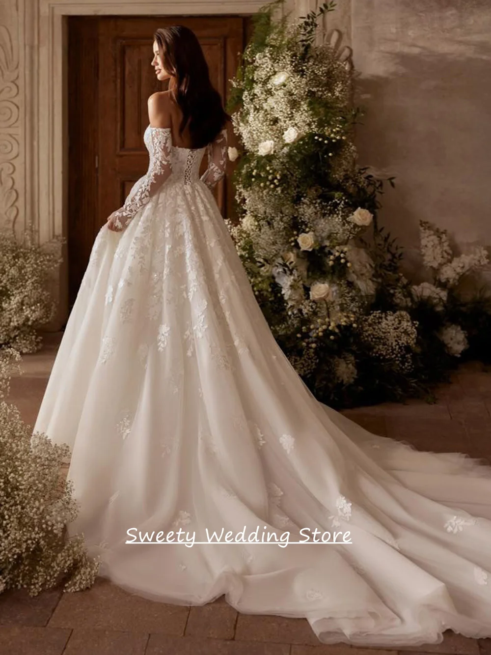 Romantic Princess Wedding Dresses for Woman Customized Sweetheart Long Sleeves Applique Court Train Tulle A Line Bridal Gown
