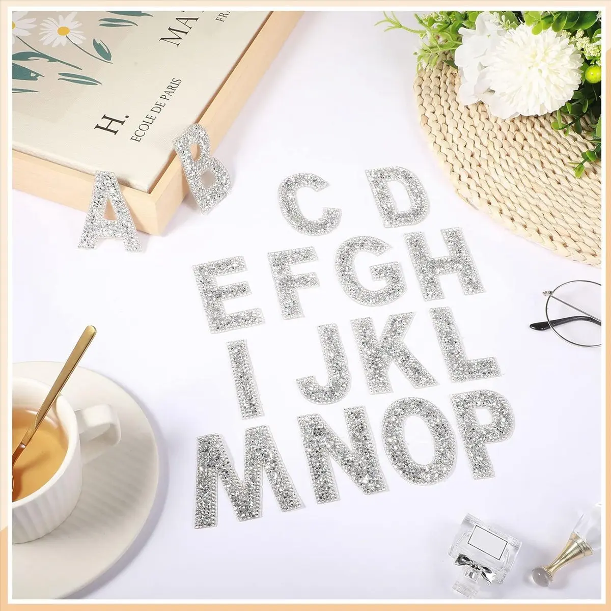 ABNQ 52 Pieces Glitter Rhinestone Alphabet Letter Stickers 2.4 Inch Resin Rhinestone Iron on Letter Glitter Self-Adhesive A-Z