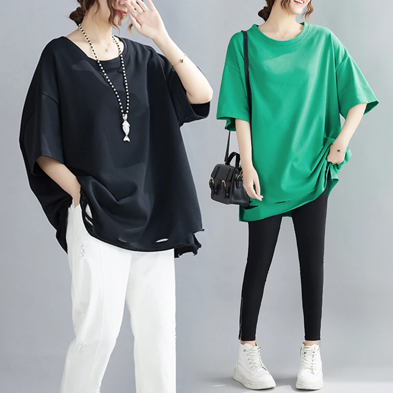 plus Size Women's T-irt Belly Cover Design Summer Unique High-End ort Sve round Ne Cotton Slimming Effectiven