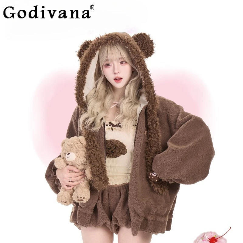 الإناث اليابانية نمط لوليتا وتتسابق محبوك بروتيل أفخم السراويل أفخم سترة مع بروش ثلاث قطع مجموعة النساء الدعاوى الحلو