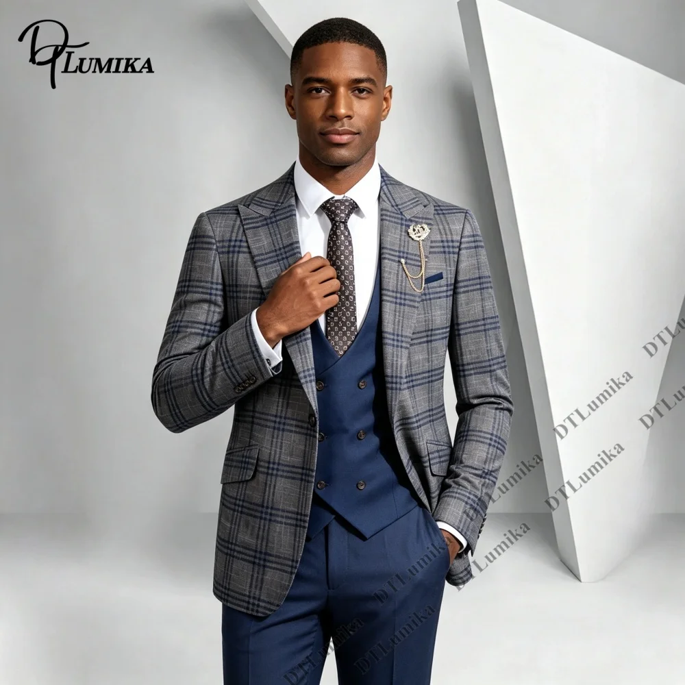 Formal Business Suit Interview Office Smart Suit Party Tuxedo High Grade Woven Plaid Suit for Men Three Piece Jacket Vest Pants