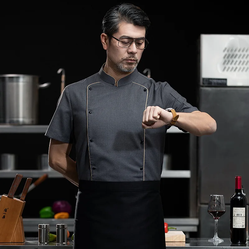 

Рабочая одежда повара в китайском стиле с пуговицами, мужская одежда с короткими рукавами для весенне-летнего сезона, для кухонь предприятий общественного питания, гостиниц и ресторанов.