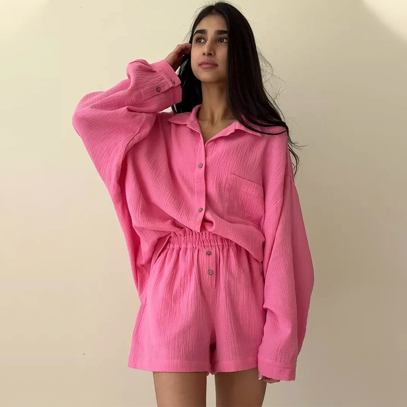 

TARUXY Solid Shirt Women Suits 2026 Spring Summer New Double-Layered Crinkled Fabric Casual Long-Sleeved Shirt Shorts Set Female