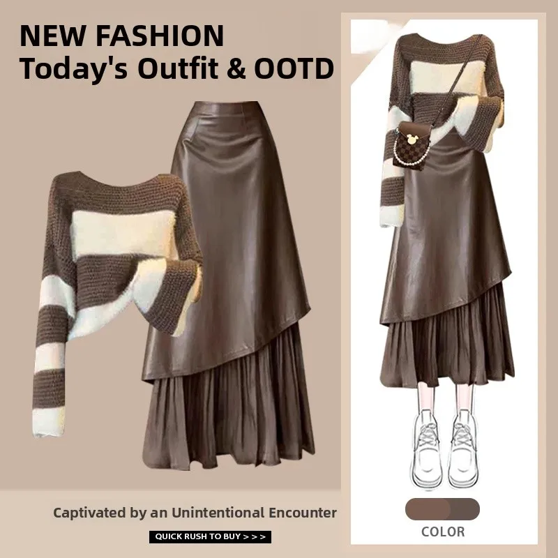 

Ele Agel round Ne Striped Color Blo Long Sve Sweater Women's Autumn New Design f Skirt Two Piece Set