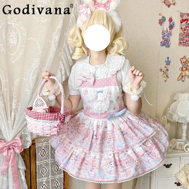 

Original Sweet Lolita Strap Dress JSK Japanese Soft Girls Cute Bow Print Sleeveless Mini Dress Daily Birthday Princess Dresses