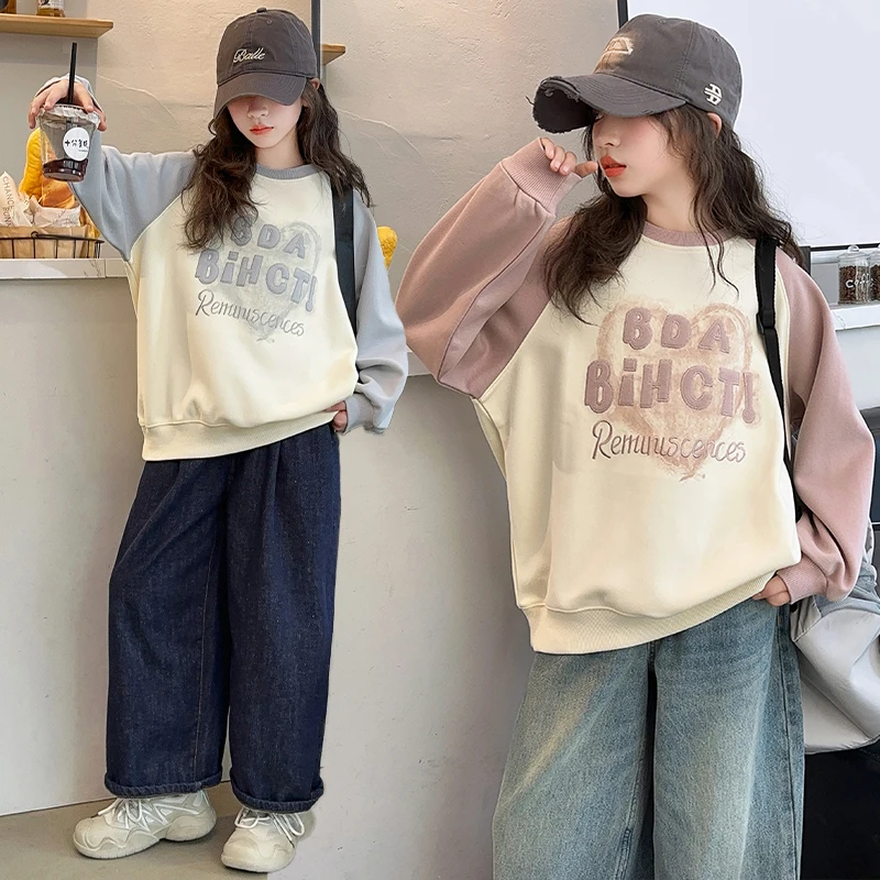 

2025 Autumn Kids Girl Sweatshirt with Heart Pattern Cotton Letter Long Sleeve Outfit Children Pullover Loose Casual Hoodie 5-14Y