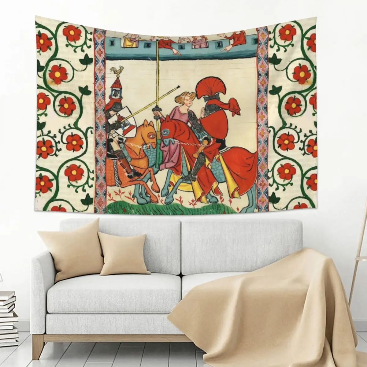 

MEDIEVAL TOURNAMENT, FIGHTING KNIGHTS ,DAMSELS AND RED WILD ROSES Tapestry Room Decoration Aesthetic Things To The Room Tapestry