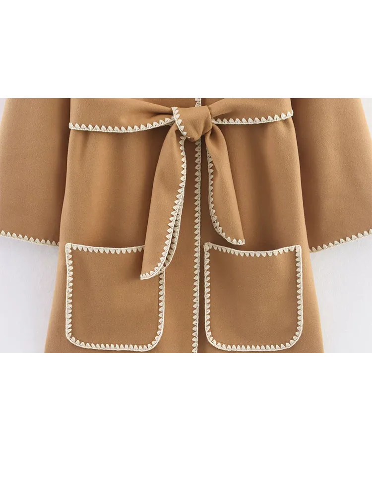 HH Women's Autumn Fashion Versatile V-neck Shell Craft Belt Woolen Jacket Female Temperament High Street Casual Pockets Coat