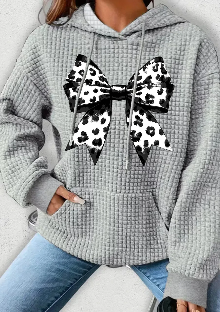 

Plus Size Women Clothing Waffle Knit Tops For Women Leopard Bowknot Printed Oversize Hoodies for Women With Pocket Sweatshirt