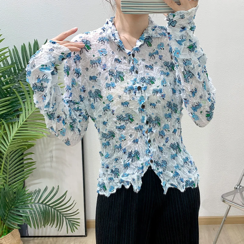 YFPF Retro Unregelmäßige Gefaltete Design Frauen Hemd Mode Druck Taste Langarm Sonnencreme Bluse 2025, Neue Kleidung 3A279