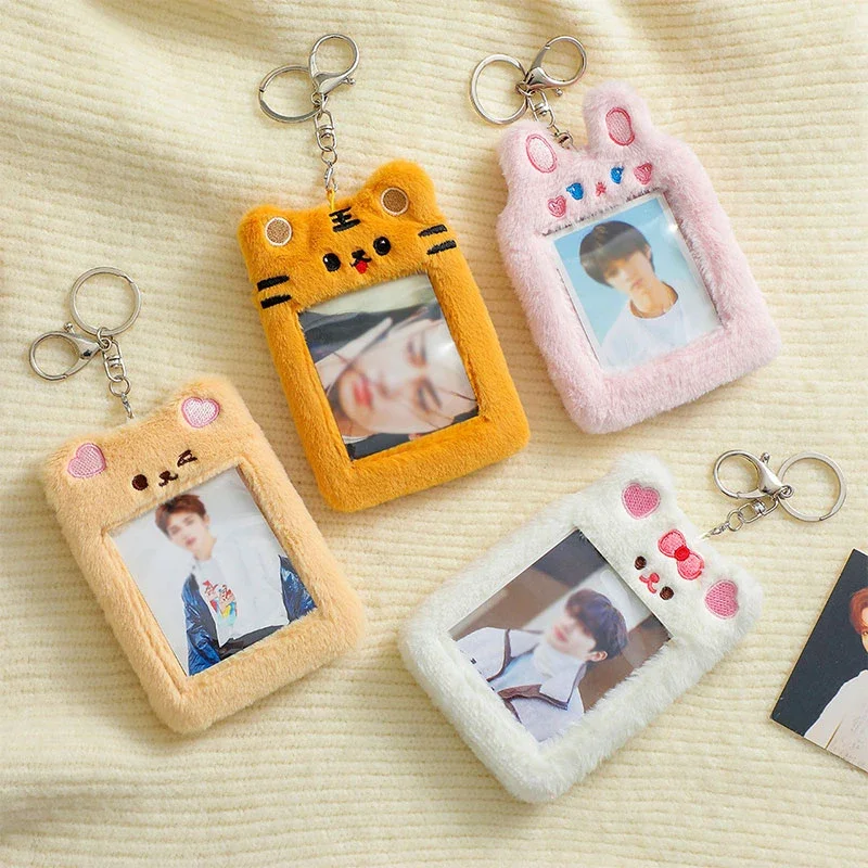 Cute Plush Photocard Holder Cute Cartoon Bear Rabbit Tiger Idol Photo Sleeve With Keychain Postcard Protector ID Credit Case