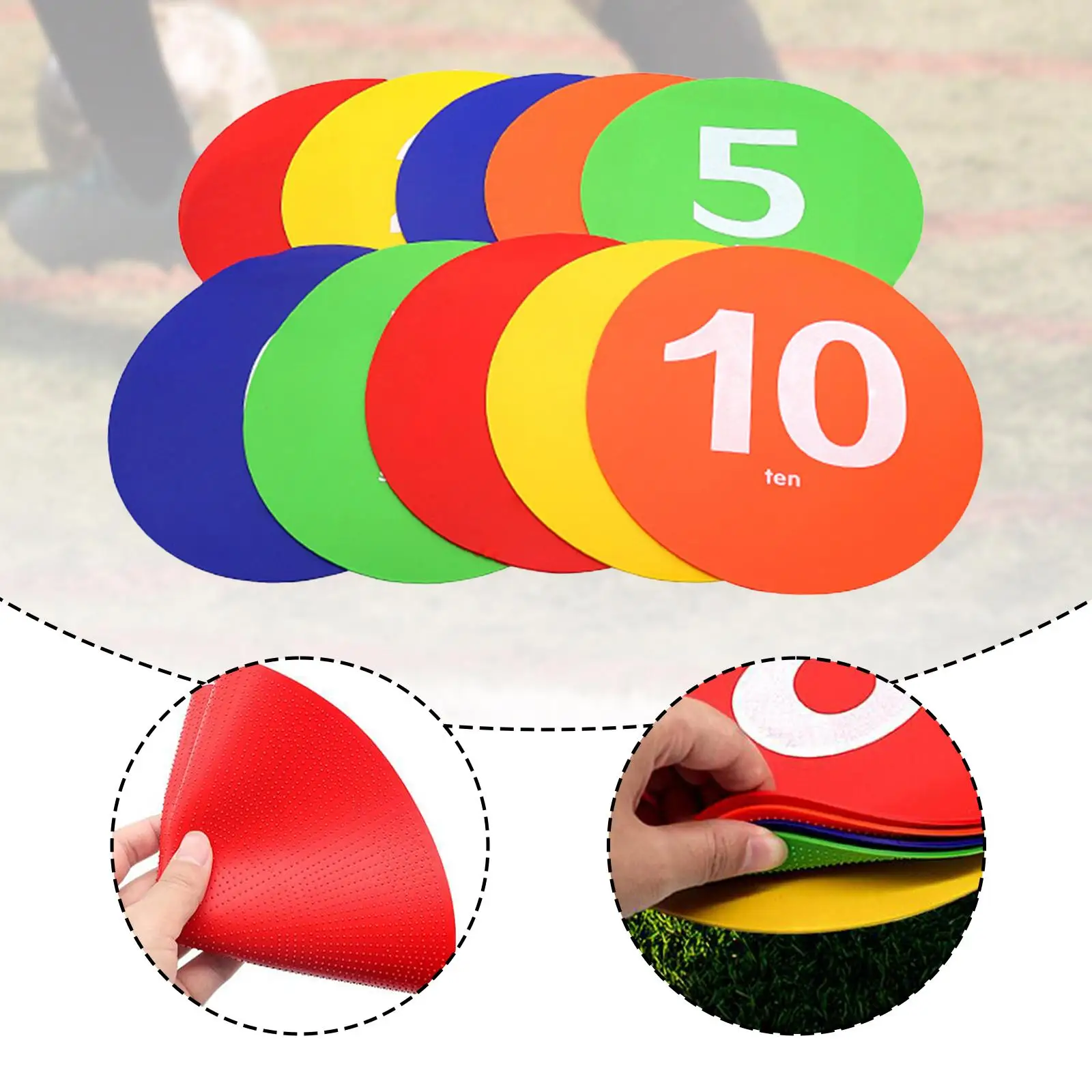 10個の番号付きフロアスポットマーカーフラットコーン9.06インチ柔軟なラウンドフロアドットスポーツ活動サッカートレーニング用
