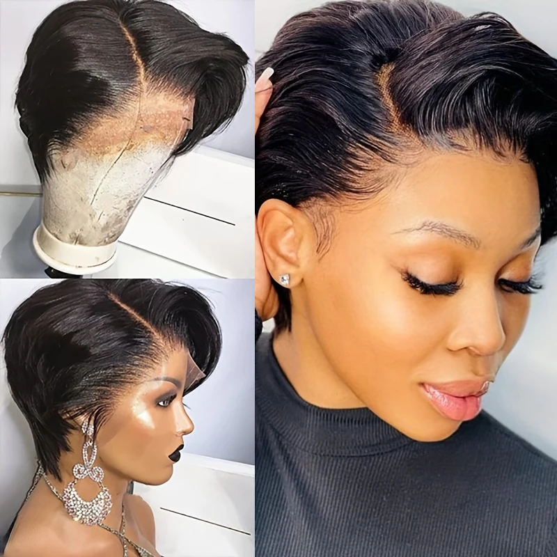 13x1 t parte frente do laço peruca de cabelo humano para as mulheres pixie corte peruca pré arrancado transparente frente do laço peruca de cabelo humano cabelo brasileiro