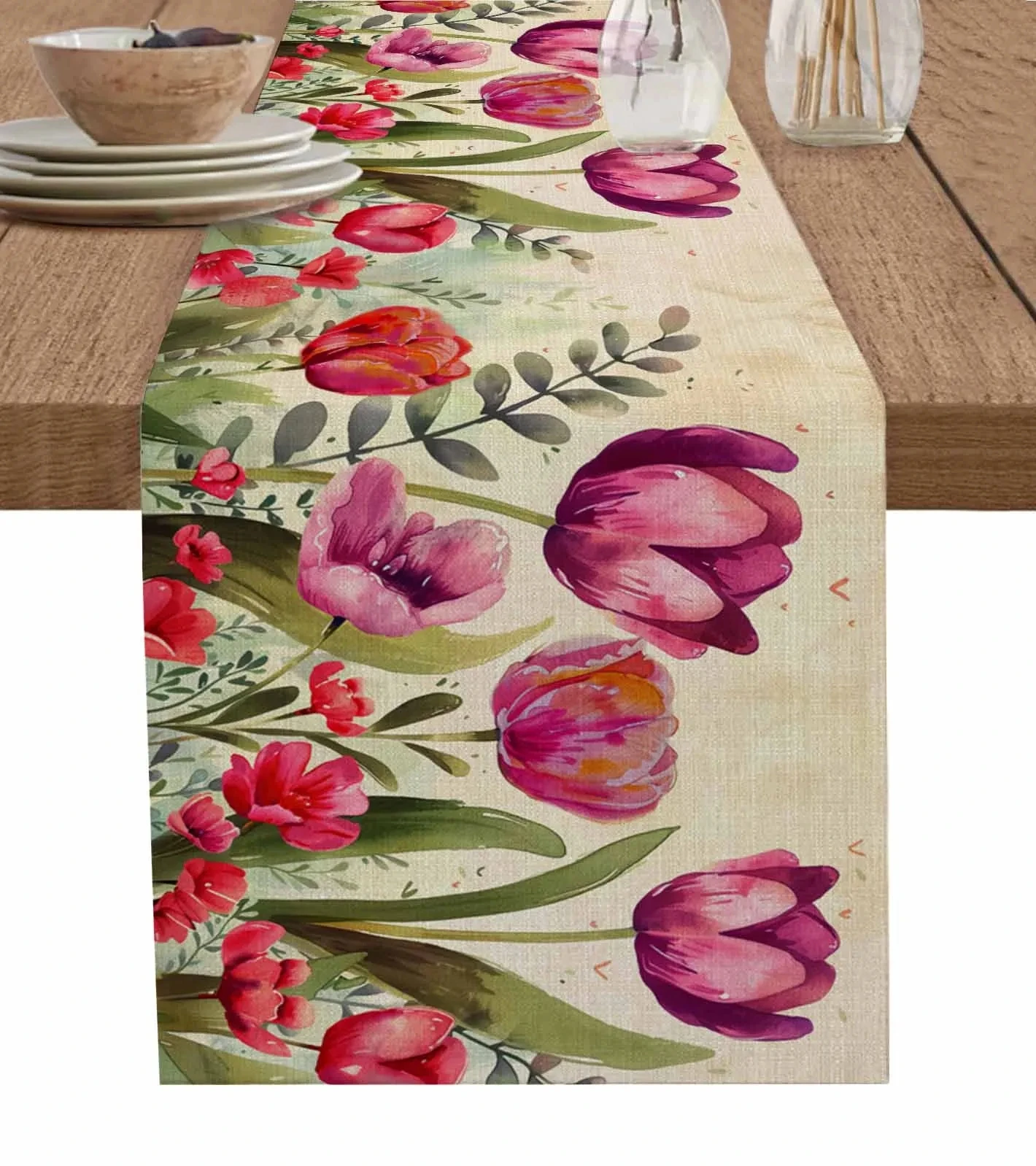 Spring Flower Tulip Leaf Flower Linen Table Runners Summer Floral Dresser Scarf Table Decor Holiday Wedding Party Dinners Decor