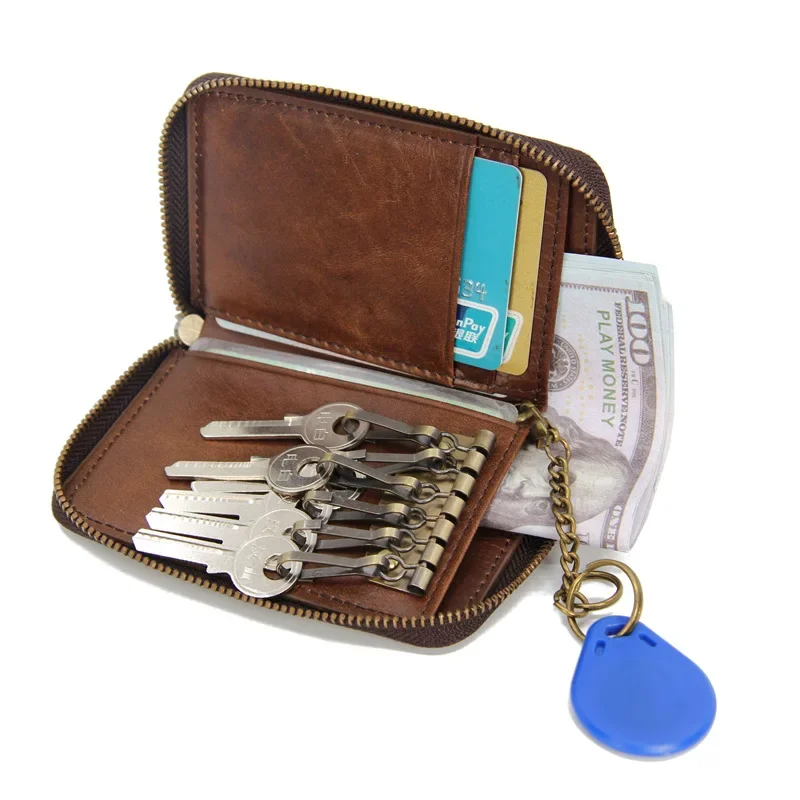 多機能オイルワックスキーホルダー,牛革革の盗難防止IDカードホルダー