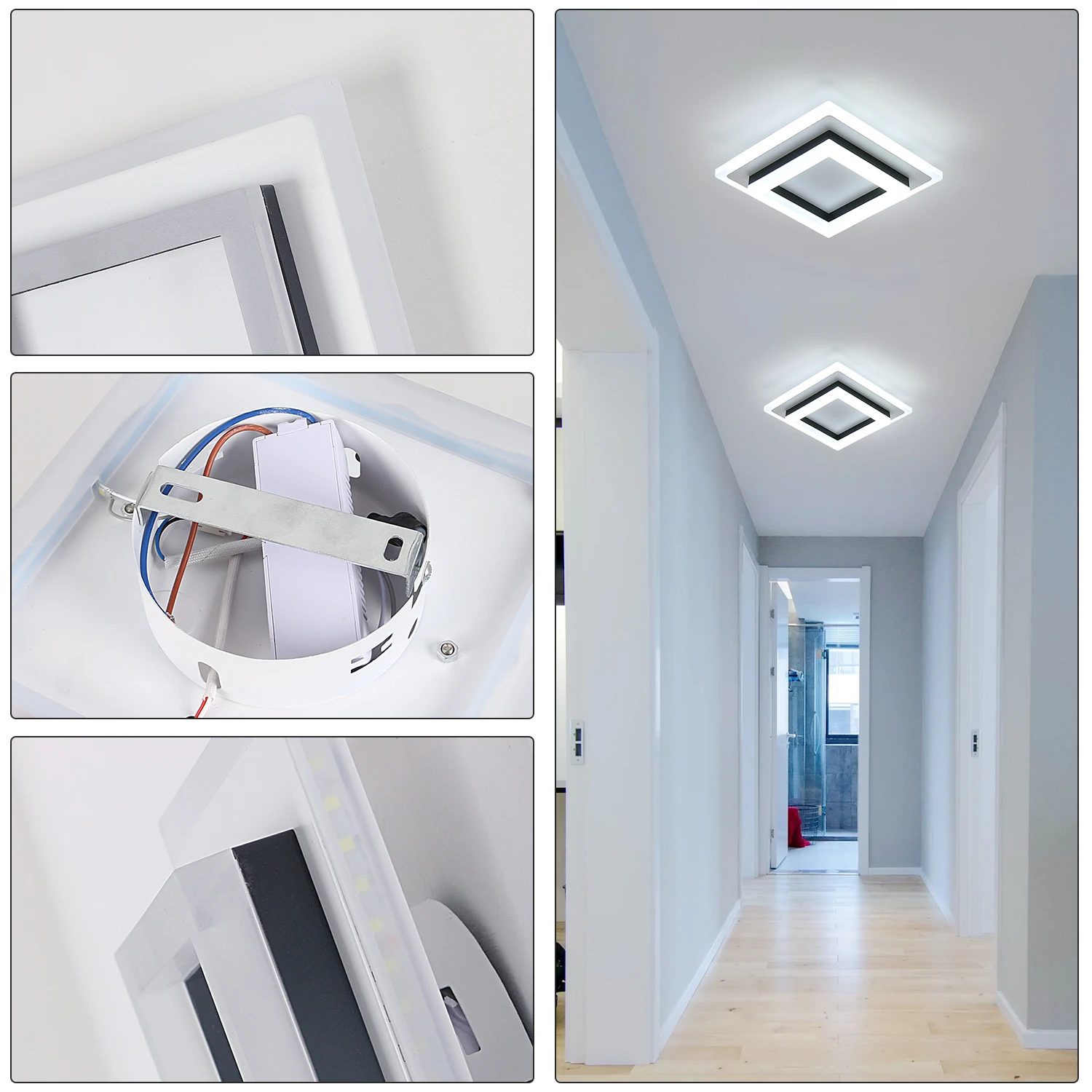 JIANKELONG Modern LED Square Ceiling Lamps 24W, Acrylic Ceiling Light for Bathroom, Hallway, Bedroom, Cool White Light 6500K