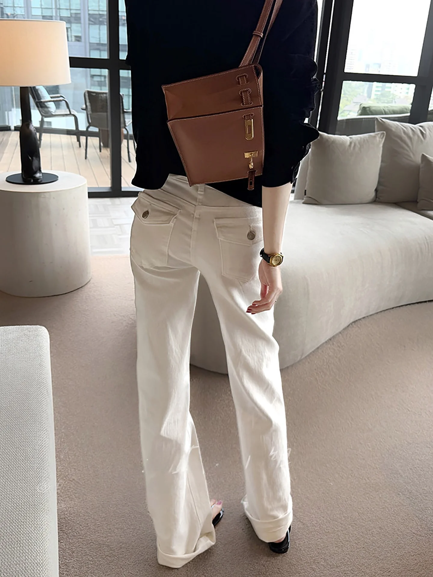 

American Retro Women's Bell Bottom Jeans mid Waist Slim Fit Lengthening Legs Basic Match Long Pants Straight Leg Jeans