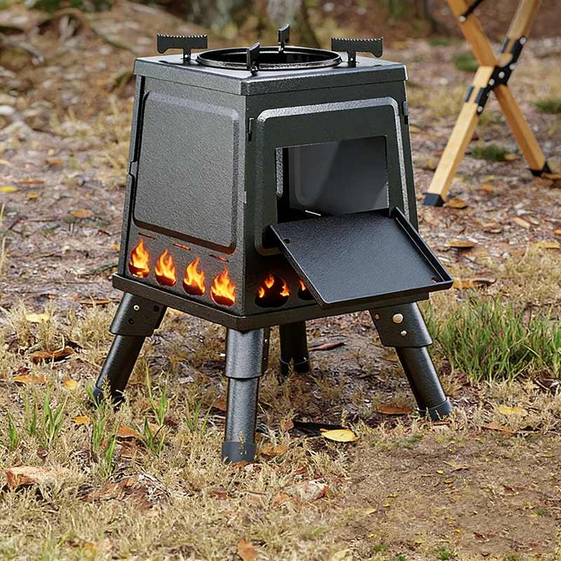 Poêle à bois portable pliable pour l'extérieur, avec sac de rangement et gants, pour la randonnée, le camping et la cuisine en plein air