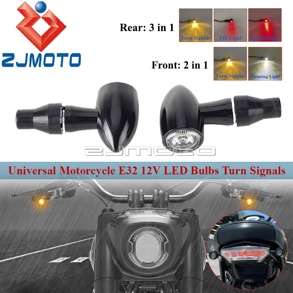 8mm Universal Motorcycle LED Bullet Turn Signal Lamp White Running Light Red Flashing Brake Lights E32 12V Blinker Indicator