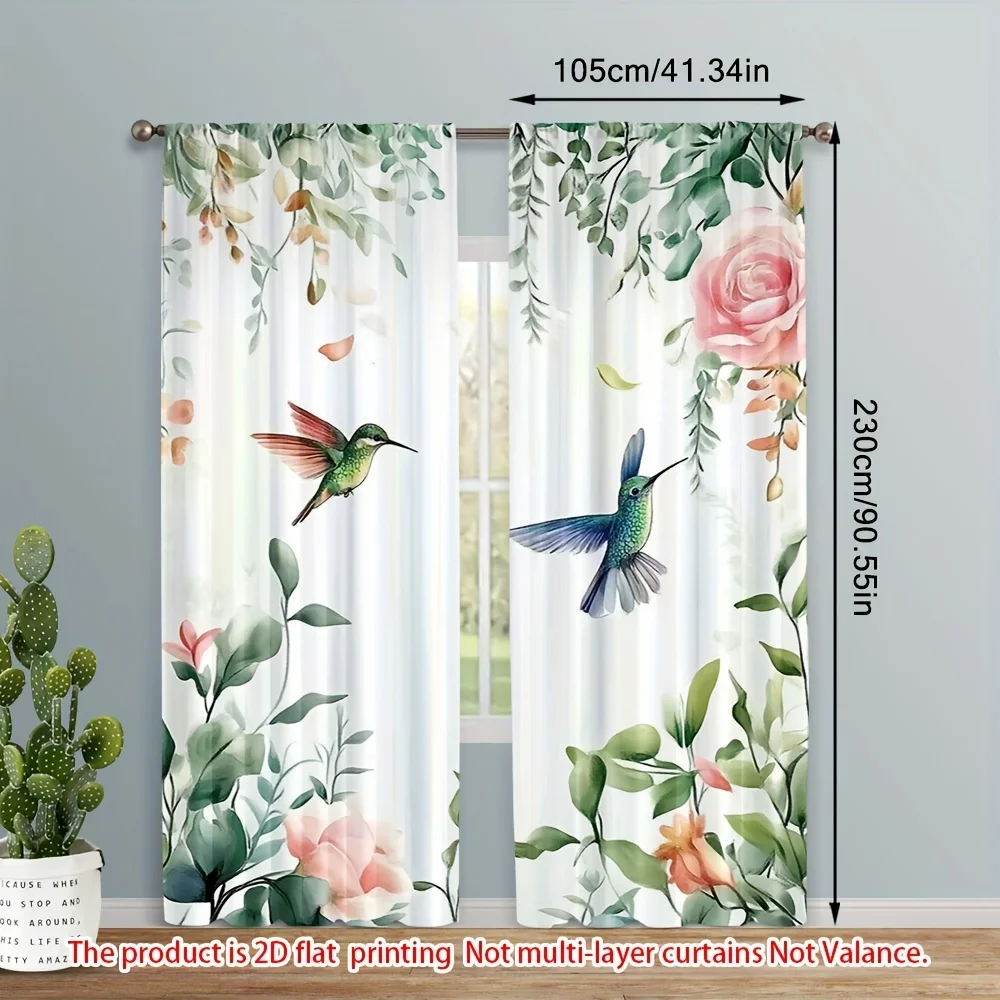 

2 шт. шторы для спальни с акварельным принтом колибри и цветами, светонепроницаемые, термоизоляционные, для уединения, быстрая установка