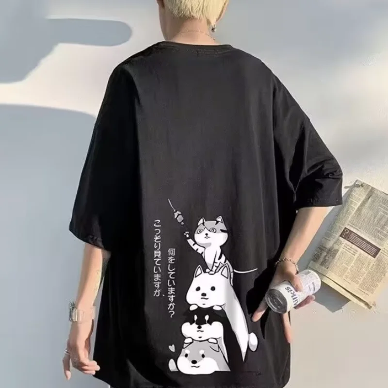 8XL Men T-shirt Pullover Extra Round Neck Kitten Stacking Printing Fashion T-shirt Extra Large Middle Sleeve Youth T-shirt