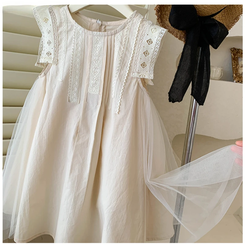 

New 2-12 Years Children Sleeveless Loose Embroidery Lace Patchwork Cotton Dress For Baby Kids Girls Summer Matching Clothes