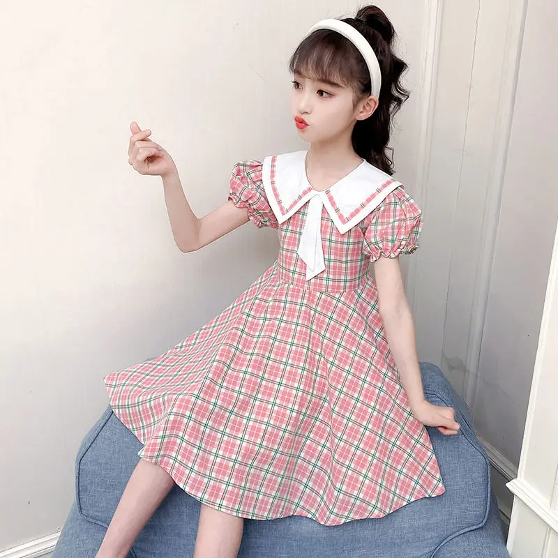 Dress Girl Summer Party 2023 New Child Plaid Princess Dresses Small Fresh Lapel Avant-garde Design Birthday Dance Dress 7 Years