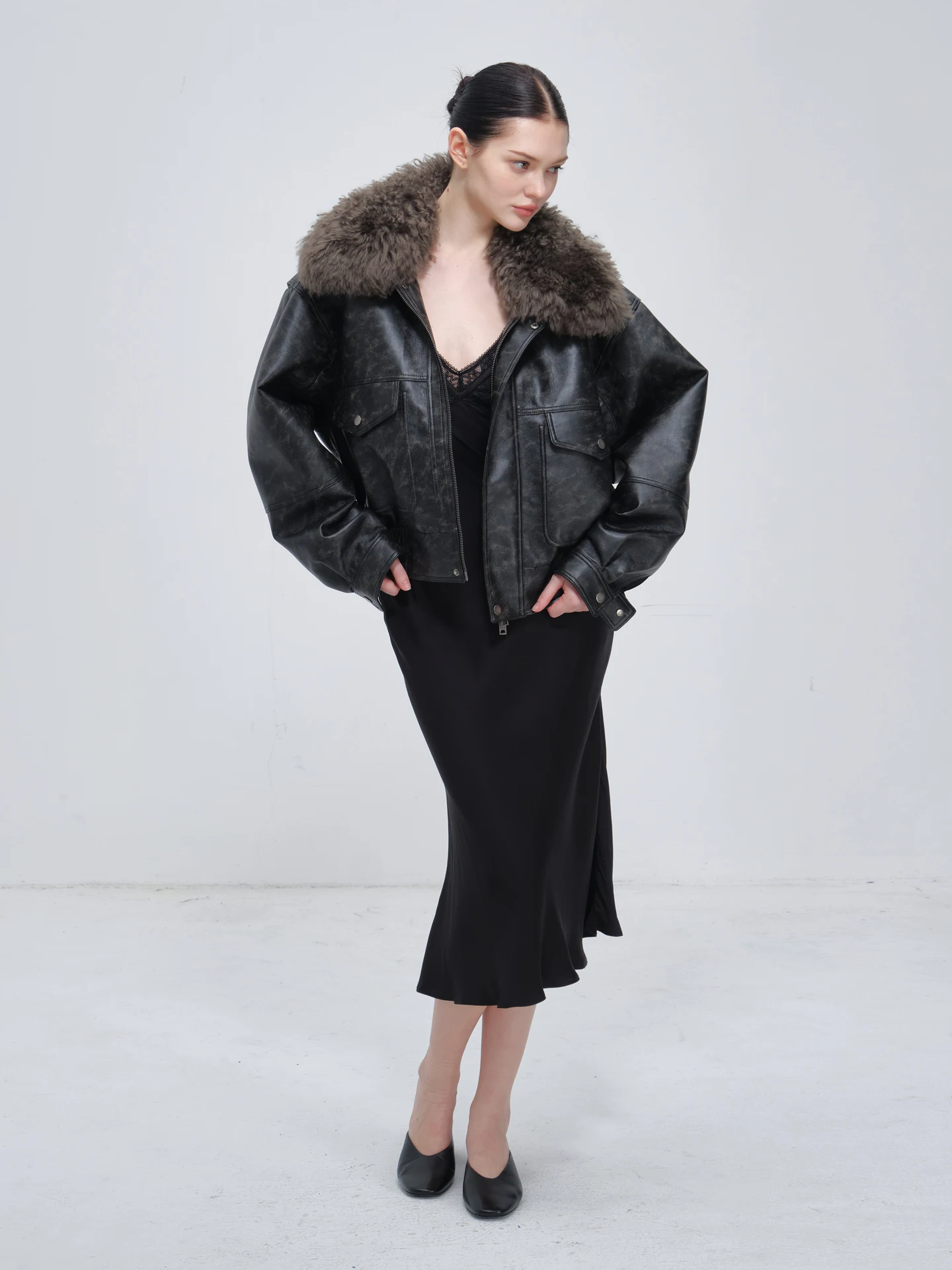 フランキー レトロ ブラ レザー ジャケット コート 取り外し可能なリアルファー襟 特殊花柄レザー ユース ルーズフィット 冬用ジッパー