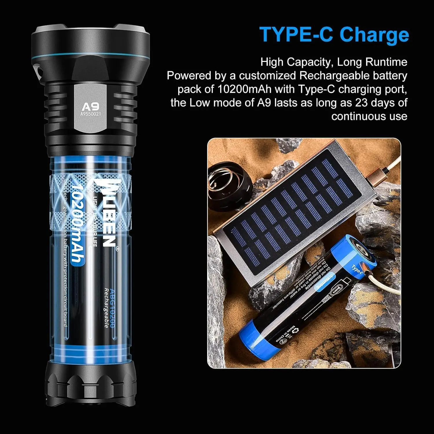 WUBEN A9 High-power Flashlight  12000 Lumens IP68 Waterproof Type-C charge port 3PCS CREE XHP70.2 LED 420M Lrradiation Distance