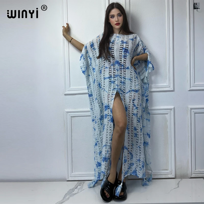 

WINYI Tie-dyed knitting hollowing out kaftan sexy beach knit tassels dress Cover-up Women Beachwear fashion autumn dress