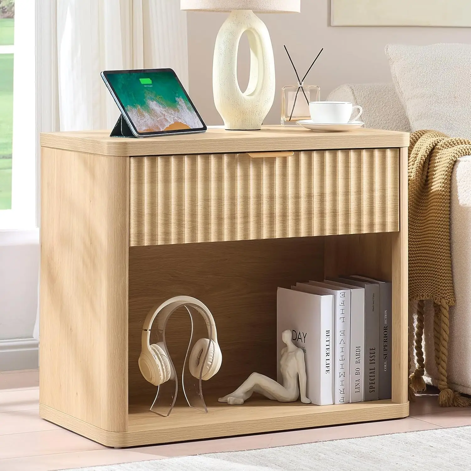 

31" Wide Fluted Nightstand with Charging Station, Oversized 1 Drawer, Natural Wood Bedside Table