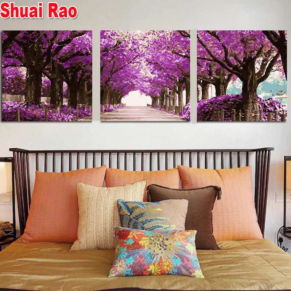 Triptych Purple Tree Eiamond Embroidery Landscape Sale Diamond Painting Full Square Round Drill Diy Mosaic Diamond Crystal 5d