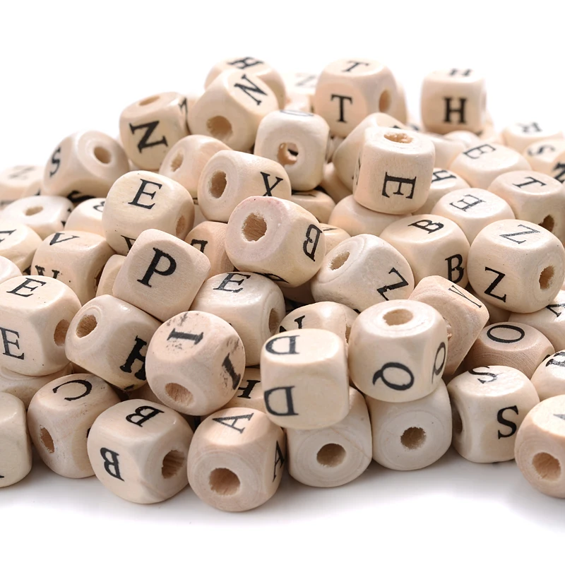 100/200Pcs 10mm Square Alphabet Beads Natural Hemu Wooden Letter Beads For Jewelry Toys Making DIY Baby Tool Choose Letter