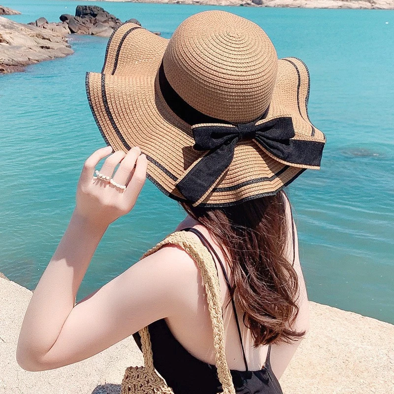 Spring And Summer Woven Straw Hat Women's Versatile Beach Big Edge Bow Sun Shield Hat Noble Style Sun Shield Hat