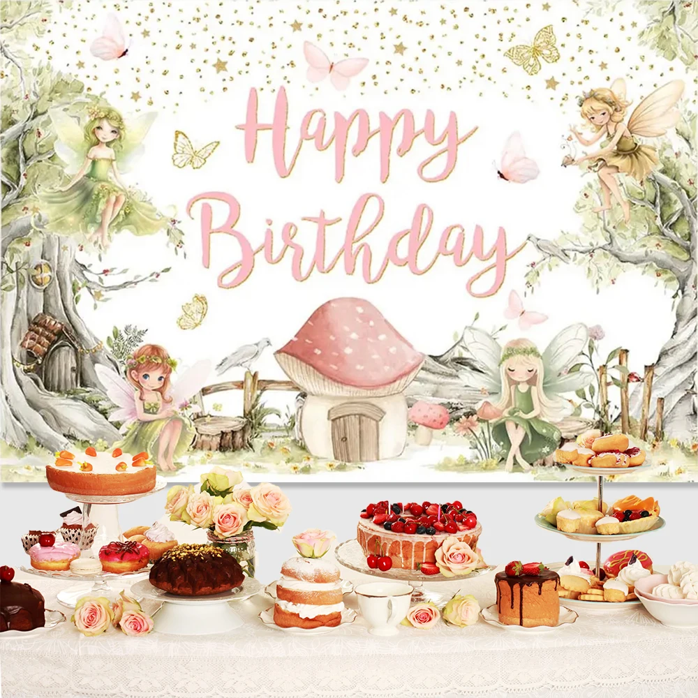 Flowers Fairy Mushroom House Elf Butterfly Fairy Tale Background Girl 1st Birthday Party Decoration Banner Baby Shower PhotoProp
