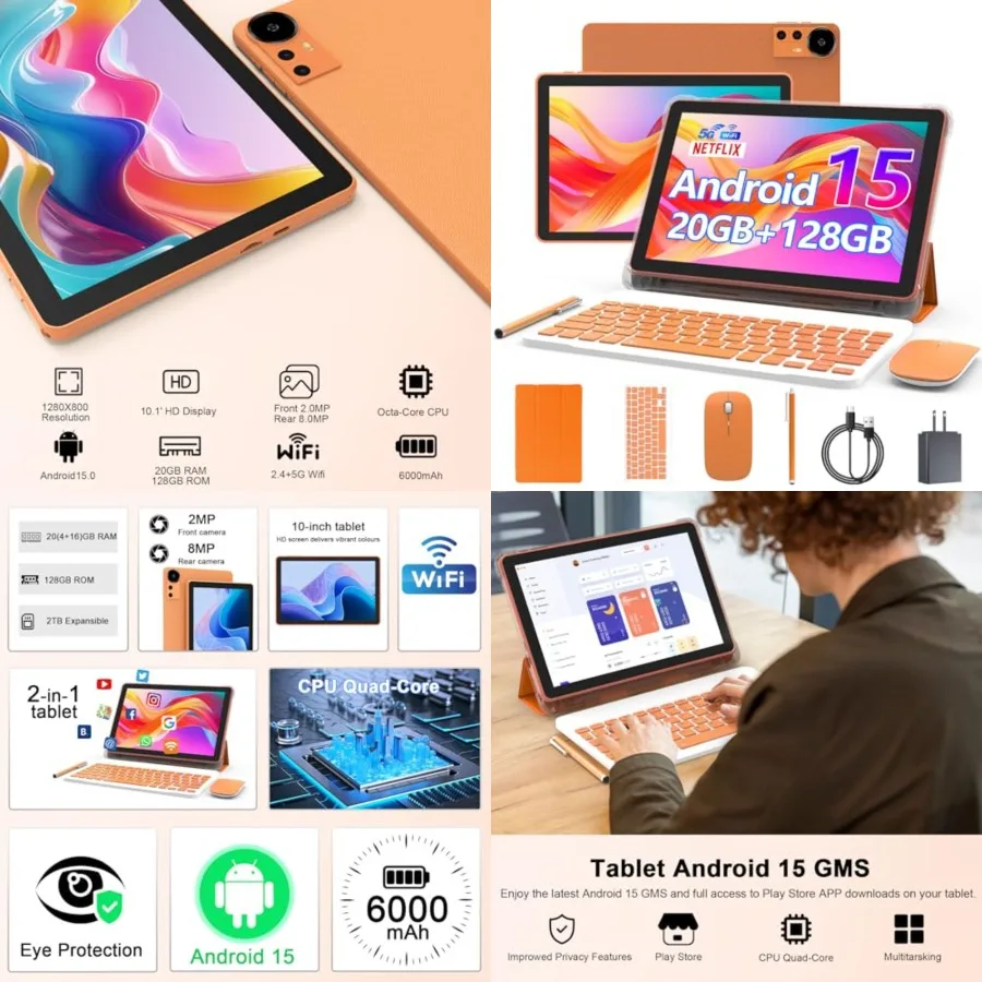 

CUPEISI Android 15 Tablet 10 Inch, 20GB RAM+128GB ROM/2TB Expandable, 2.0GHz Quad-core Processor, 1280800 HD Screen, 5G WiFi6 B