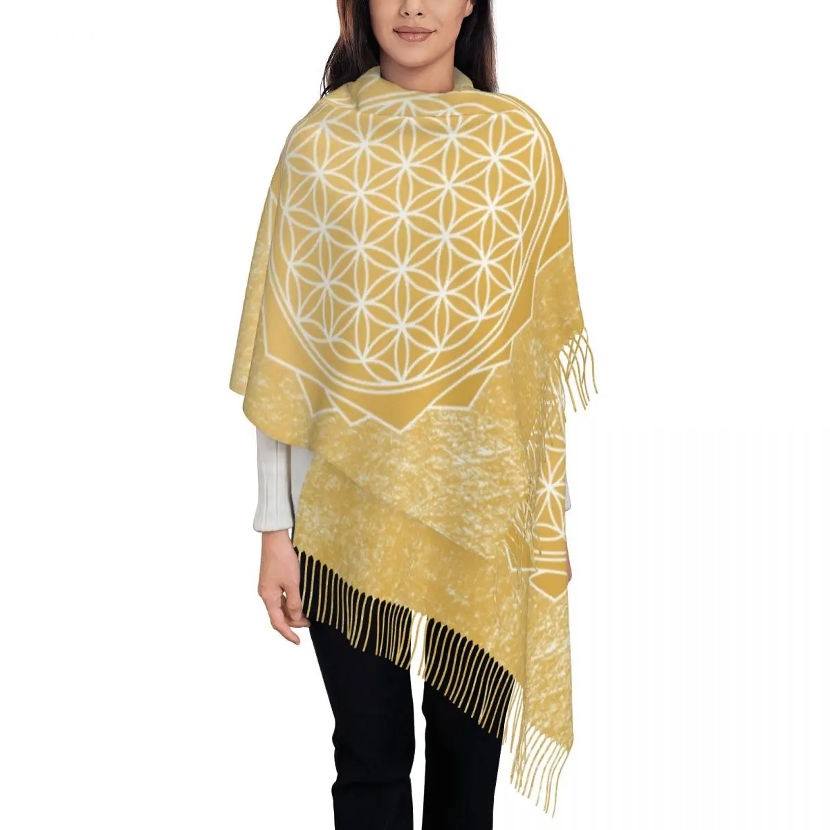 

Flower Of Life Geometric Pattern Scarf for Women Fashion Winter Fall Wrap Shawl Spiritual Meditation Mandala Tassel Wraps